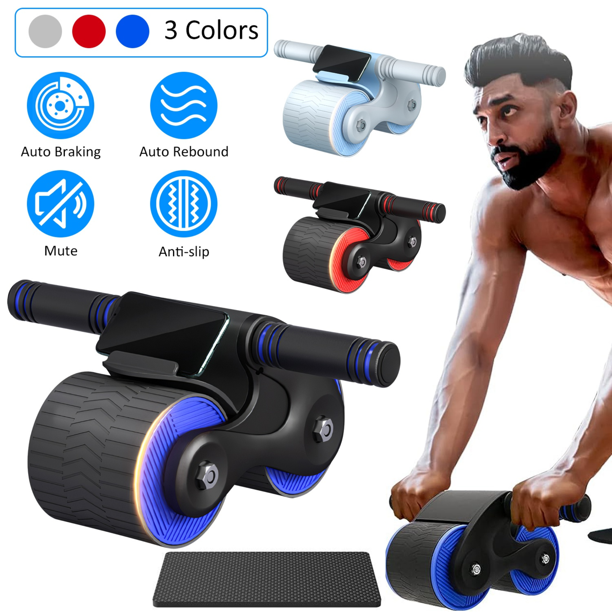 Automatic Rebound Abdominal Wheel Anti-slip AB Roller Wheel with Kneel Pad Phone Holder Home Gym Abdominal Exerciser for Men Women