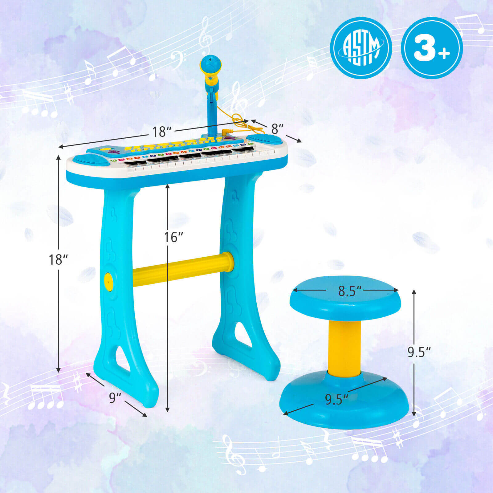 31-Key Kids Piano Keyboard Toy with Microphone and Multiple Sounds for Age 3+-Blue