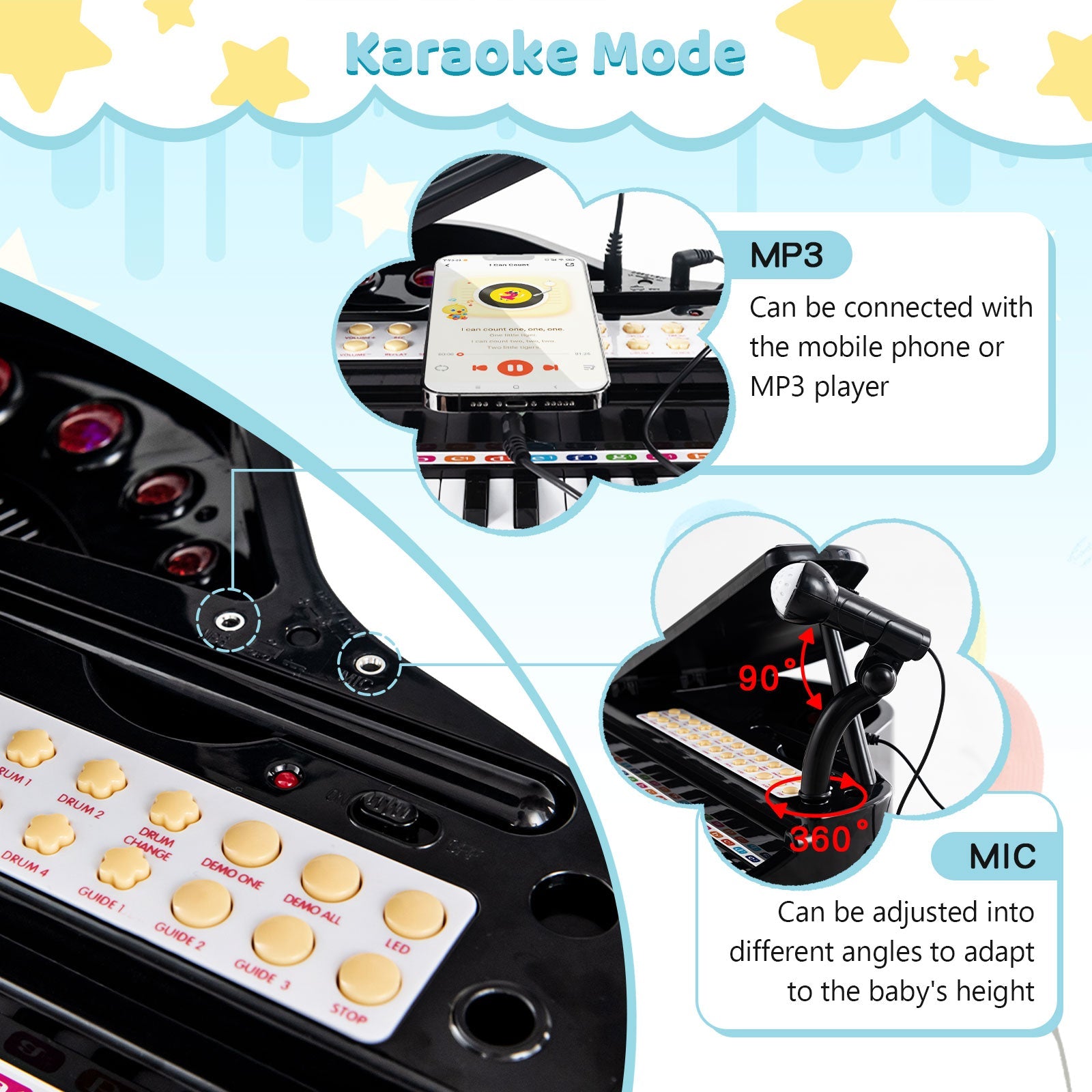 31 Keys Kids Piano Keyboard with Stool and Piano Lid-Black