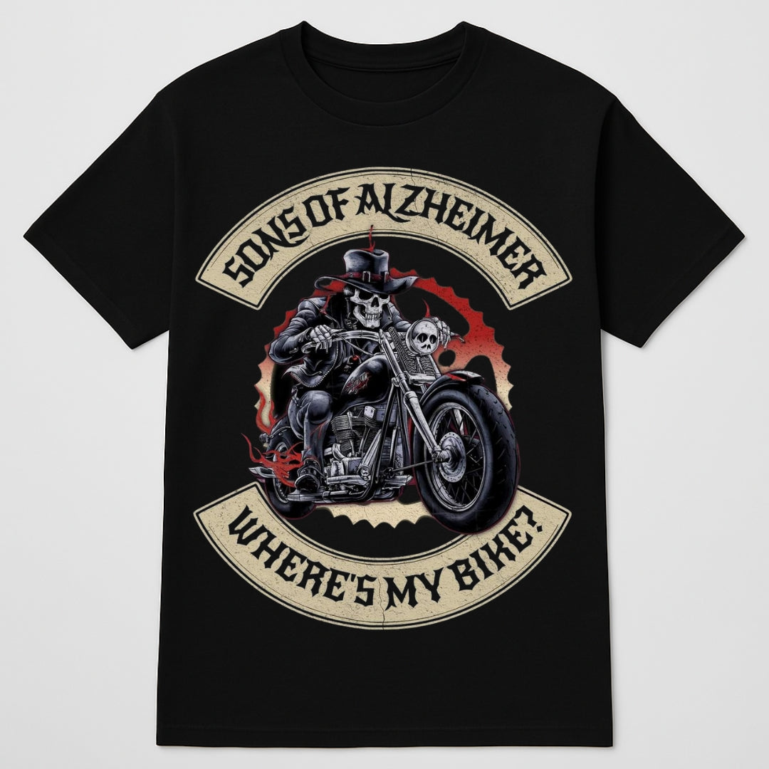 Black t-shirt with a graphic design of skeletons on a motorcycle and text 'Sons of Alzheimer Where's My Bike' on a light gray background.