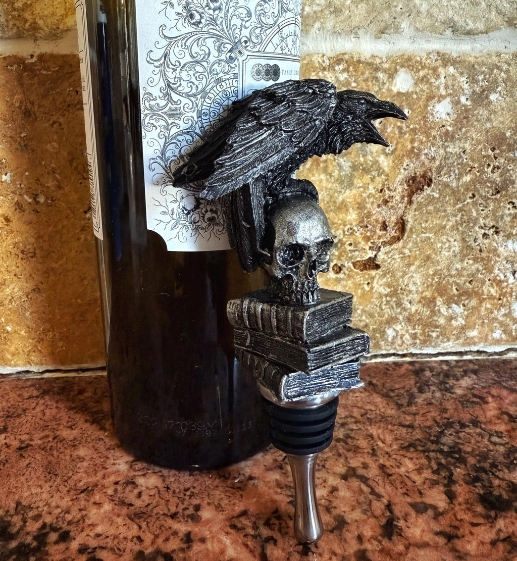 Raven Winestopper, Hand Sculpted Resin, Gothic Art Barware |Poe’s Raven with Skull and Books Bottle Stopper |Gothic Wine Gift and Home Decor