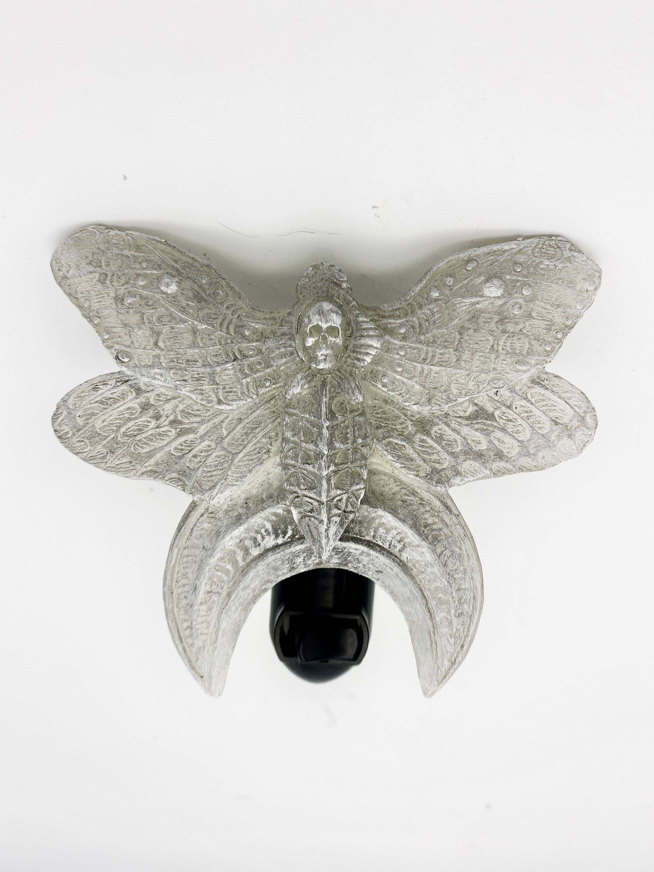 Death's Head Moth Nightlight, Hand Painted Resin Sculpture | Witchy Gothic Night Light |  Moth and Moon Light for Gothic Fantasy Home Decor