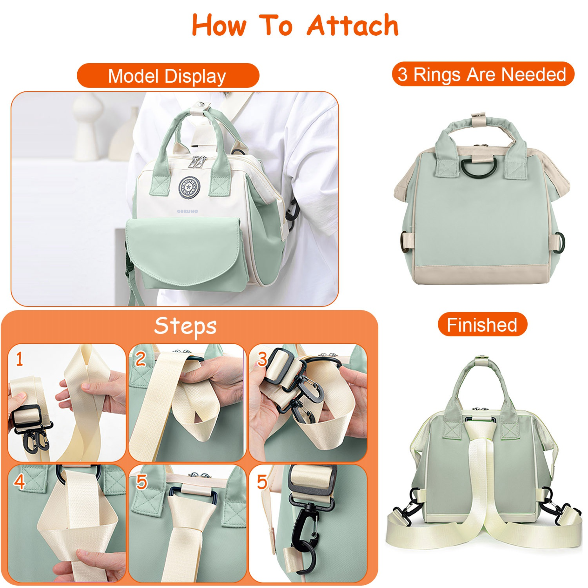 Baby Nappy Diaper Bag with 6 Pockets Burp Cloth Adjustable Shoulder Strap Detachable Small Bag Multifunctional Diaper Changing Bag with 2 Insulated Po