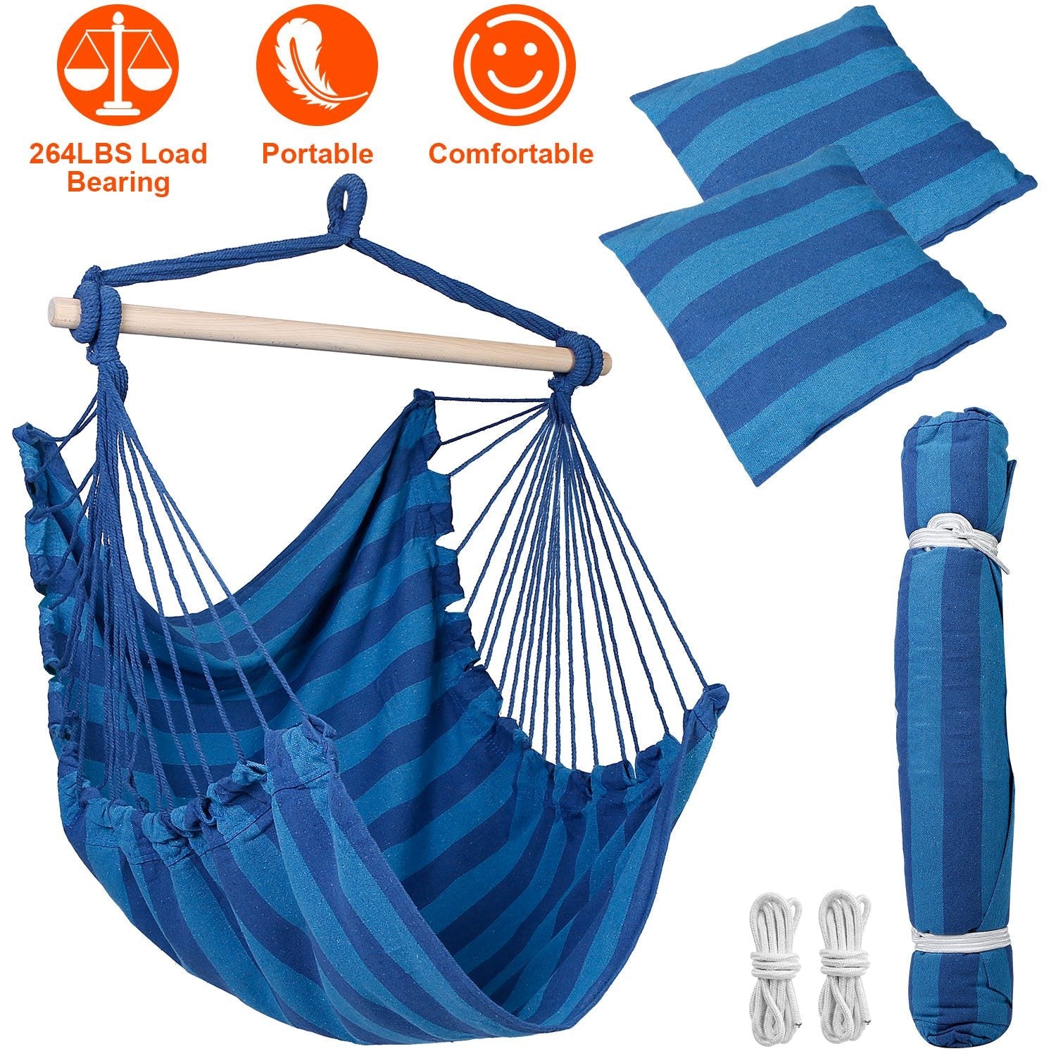 Hammock Hanging Chair Canvas Porch Patio Swing Seat Portable Camping Rope Seat Wooden Stick Hammock Chair with 2 Pillows 265LBS Load-bearing