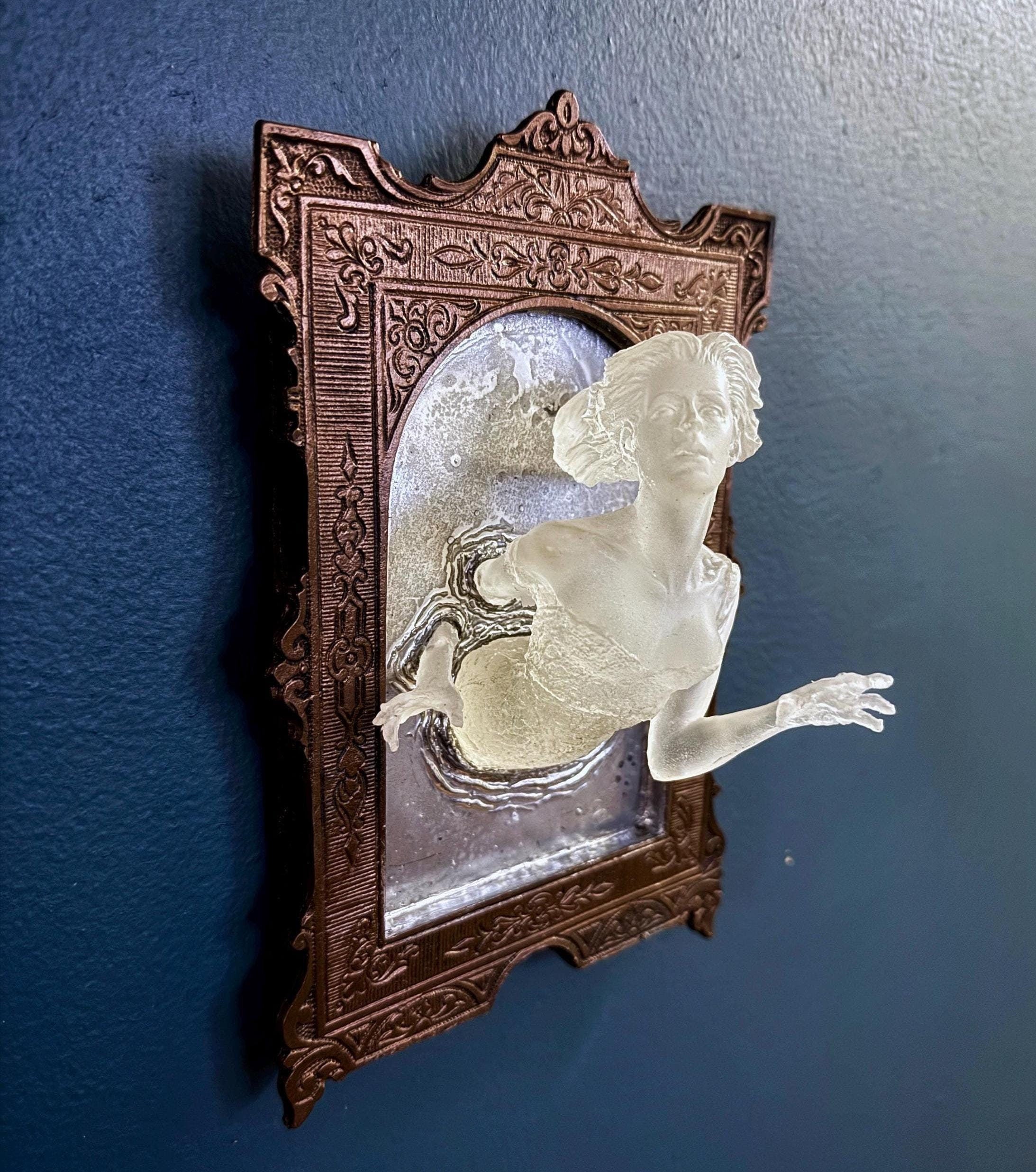 Ghost in the Mirror Wall Plaque Pair, Glow in the Dark Resin | Victorian Gothic Haunted Wall Art |  Gift for Halloween and Spooky Home Decor