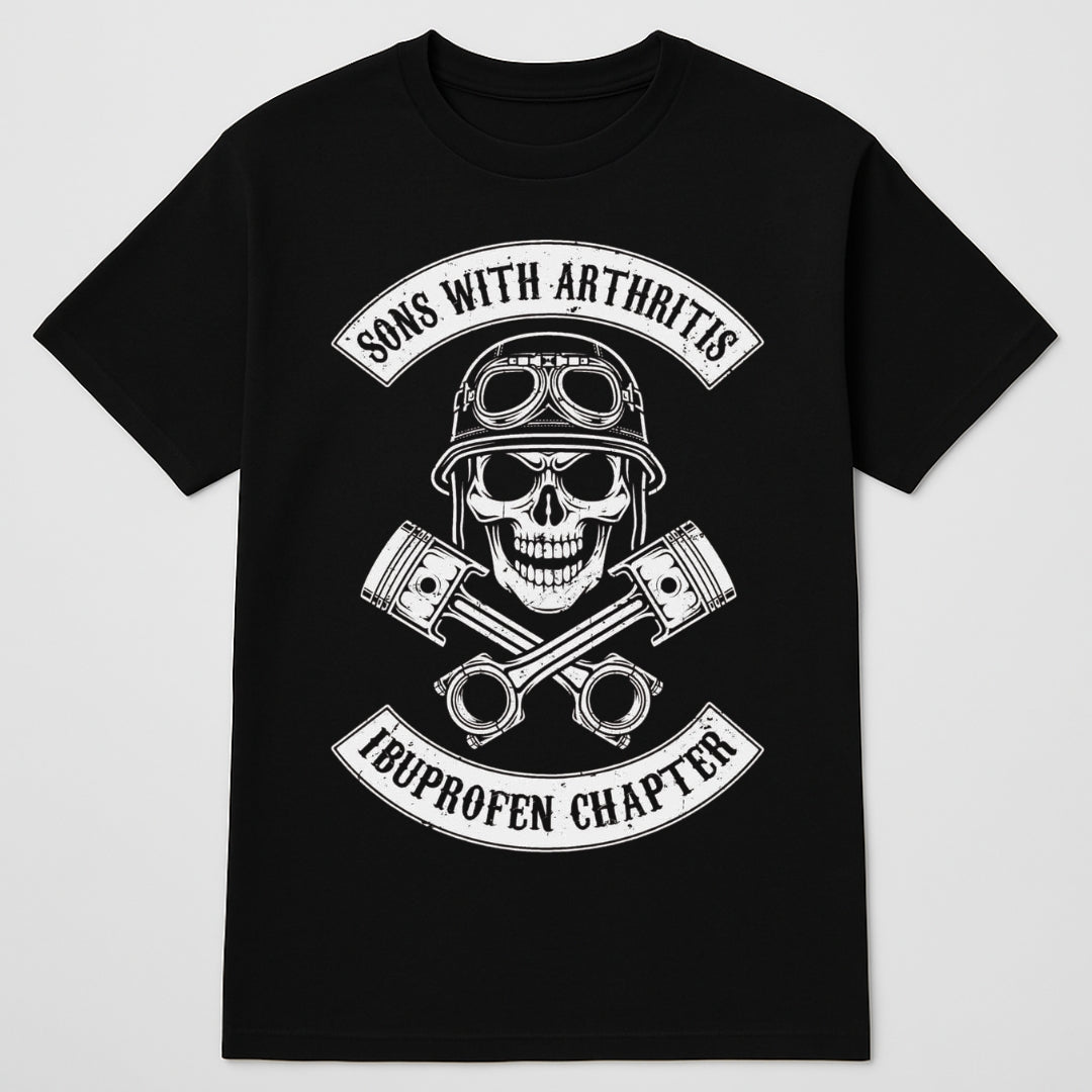 Black t-shirt with a skull and crossbones design on a white background