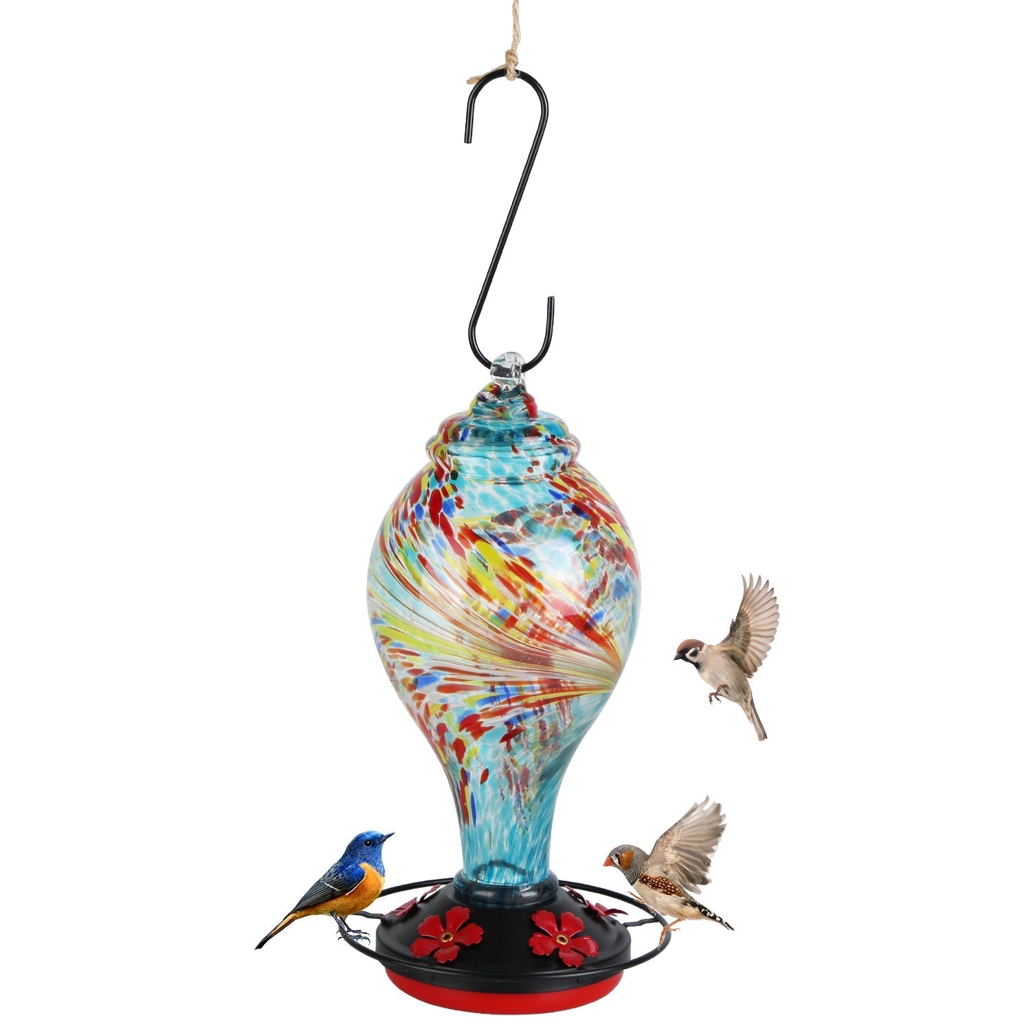 Glass Hummingbird Feeder 33OZ Hand Blown Hummingbird Feeder with 5 Flower Feeding Port Perch Ant Moat Hanging Hook S Hook Hemp Rope Cleaning Brush for