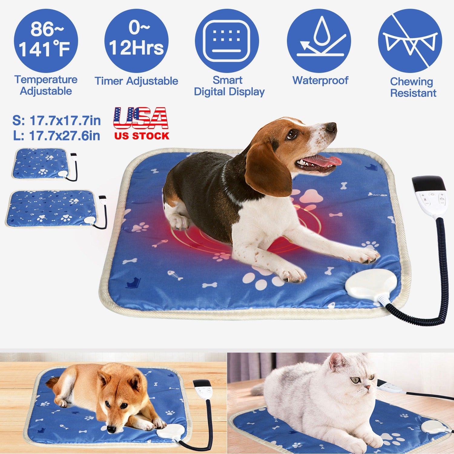 Electric Pet Heating Pad – Waterproof, Adjustable Temp & Timer