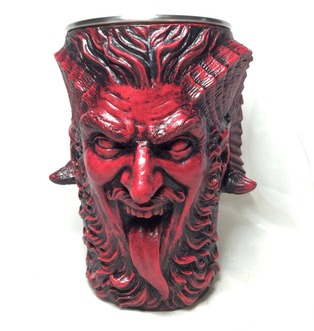 Krampus Mug, Red Finish | Hand Sculpted Resin Art Mug with Steel Liner | Unique Krampus Gift Cup and Gothic Home Decor