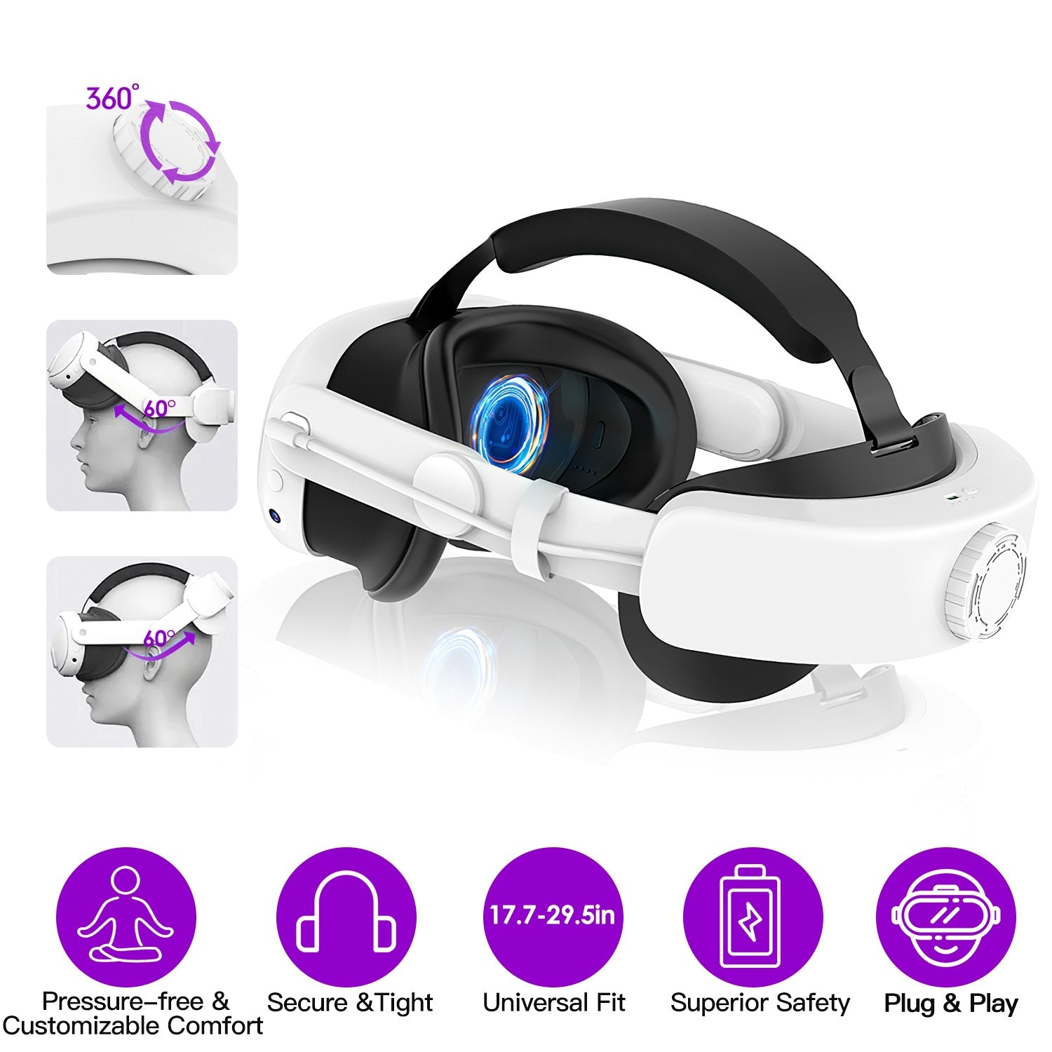Adjustable Head Strap Compatible with Oculus/Meta Quest 3 VR Accessories Charging Headband Pressure-free Elite Strap with 6000mAh Rechargeable Battery