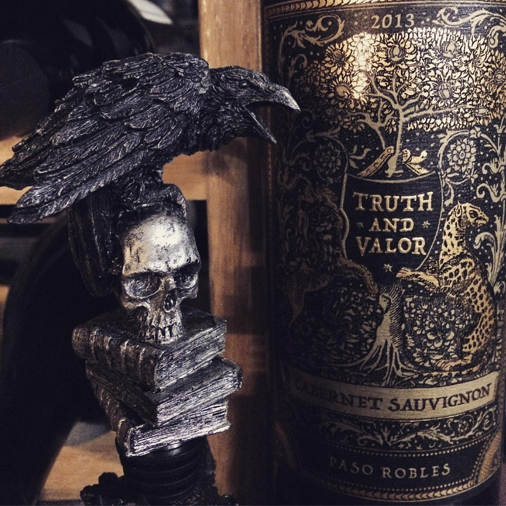 Raven Winestopper, Hand Sculpted Resin, Gothic Art Barware |Poe’s Raven with Skull and Books Bottle Stopper |Gothic Wine Gift and Home Decor