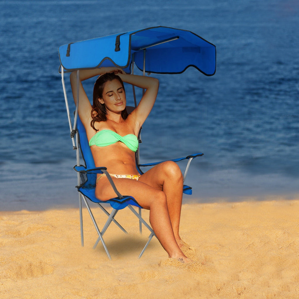 Foldable Beach Canopy Chair Sun Protection Camping Lawn Canopy Chair 330LBS Load Folding Seat w/ Cup Holder For Beach Poolside Travel Picnic