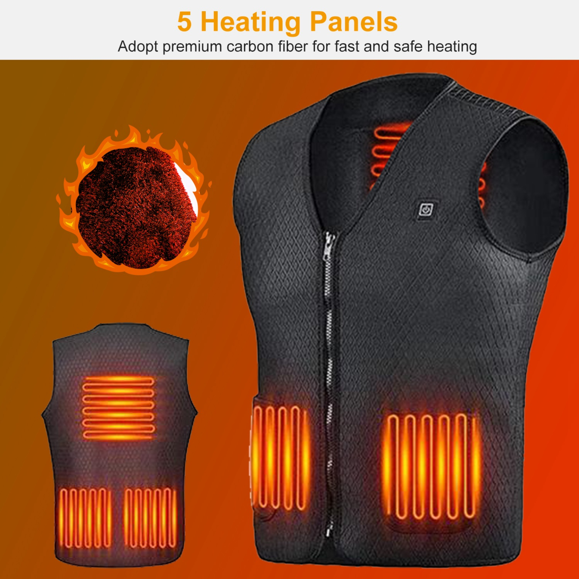 Heat Jacket Vest 3 Heating Gear Adjustable USB Heated Vest Warm Heat Coat Vest w/ 5 Heating Zones For Men Women Winter Outdoor Activity