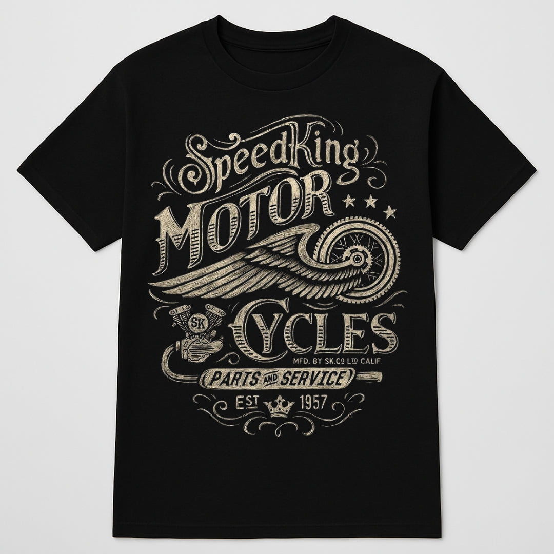 Black t-shirt with vintage-style 'Speed King Motor Cycles' graphic design on a white background