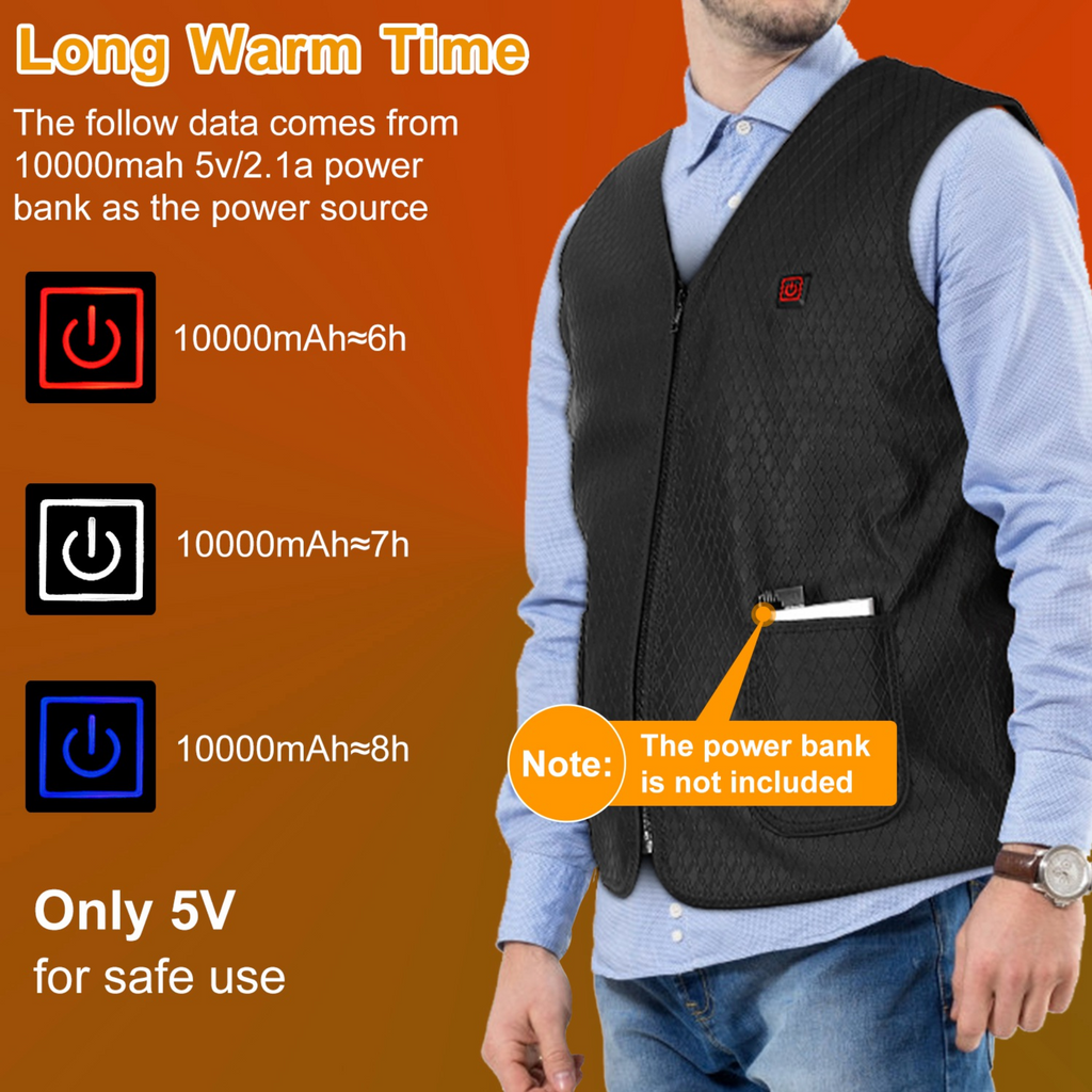 Heat Jacket Vest 3 Heating Gear Adjustable USB Heated Vest Warm Heat Coat Vest w/ 5 Heating Zones For Men Women Winter Outdoor Activity