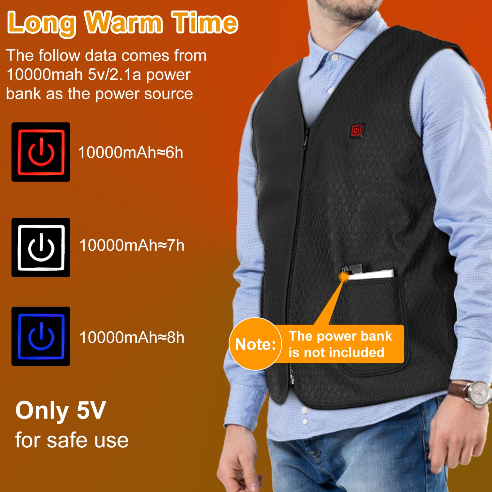 Heat Jacket Vest 3 Heating Gear Adjustable USB Heated Vest Warm Heat Coat Vest w/ 5 Heating Zones For Men Women Winter Outdoor Activity