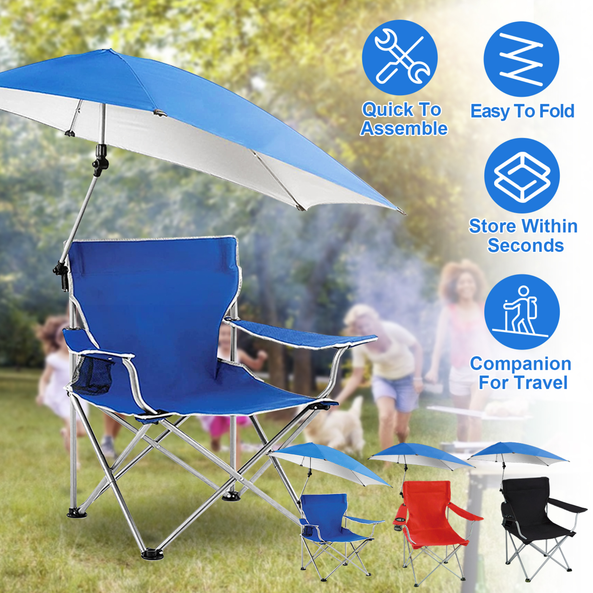 Foldable Beach Chair with Detachable Umbrella Armrest Adjustable Canopy Stool with Cup Holder Carry Bag for Camping Poolside Travel Picnic Lawn Chair