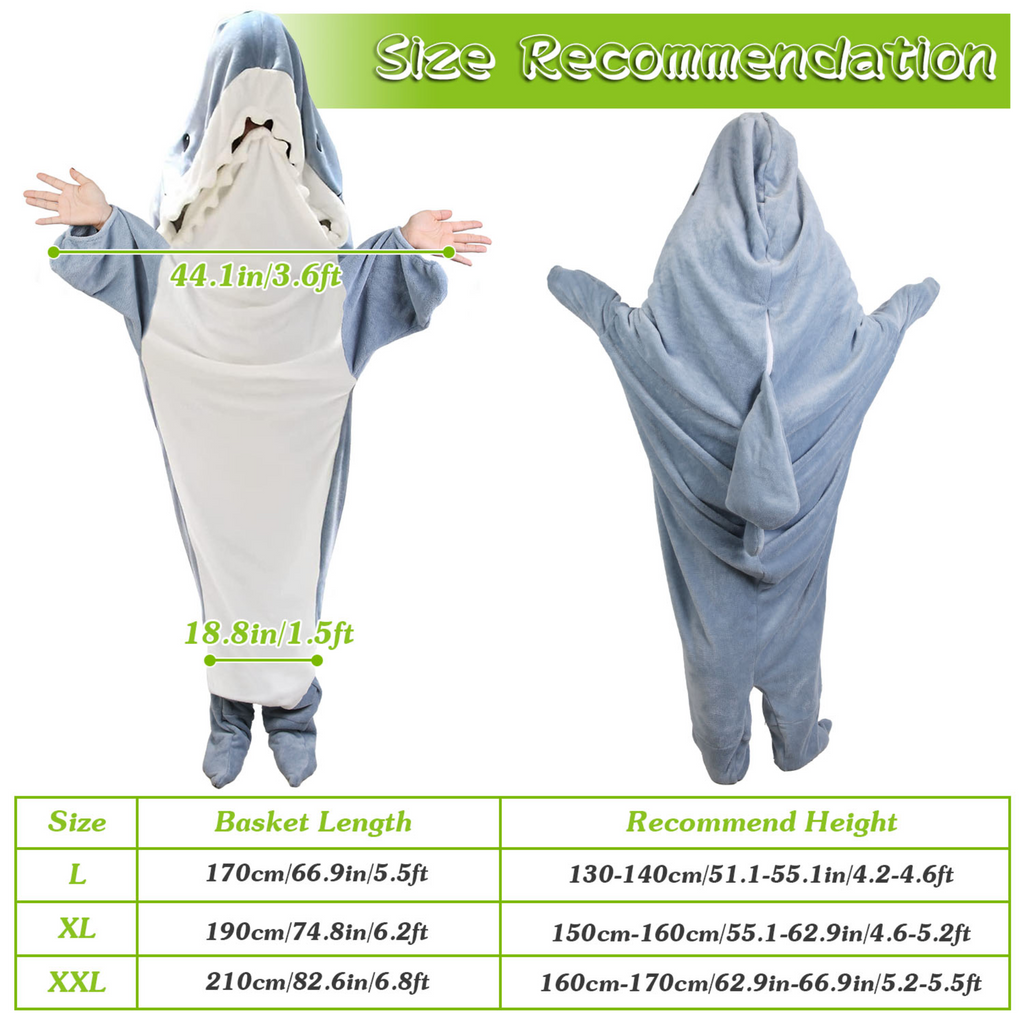 Wearable Shark Sleeping Bag Shark Onesie X-XXL Size Soft Comfortable Flannel Blanket With Zipper Suitable For Adult Children Height 4.2FT to 5.5FT