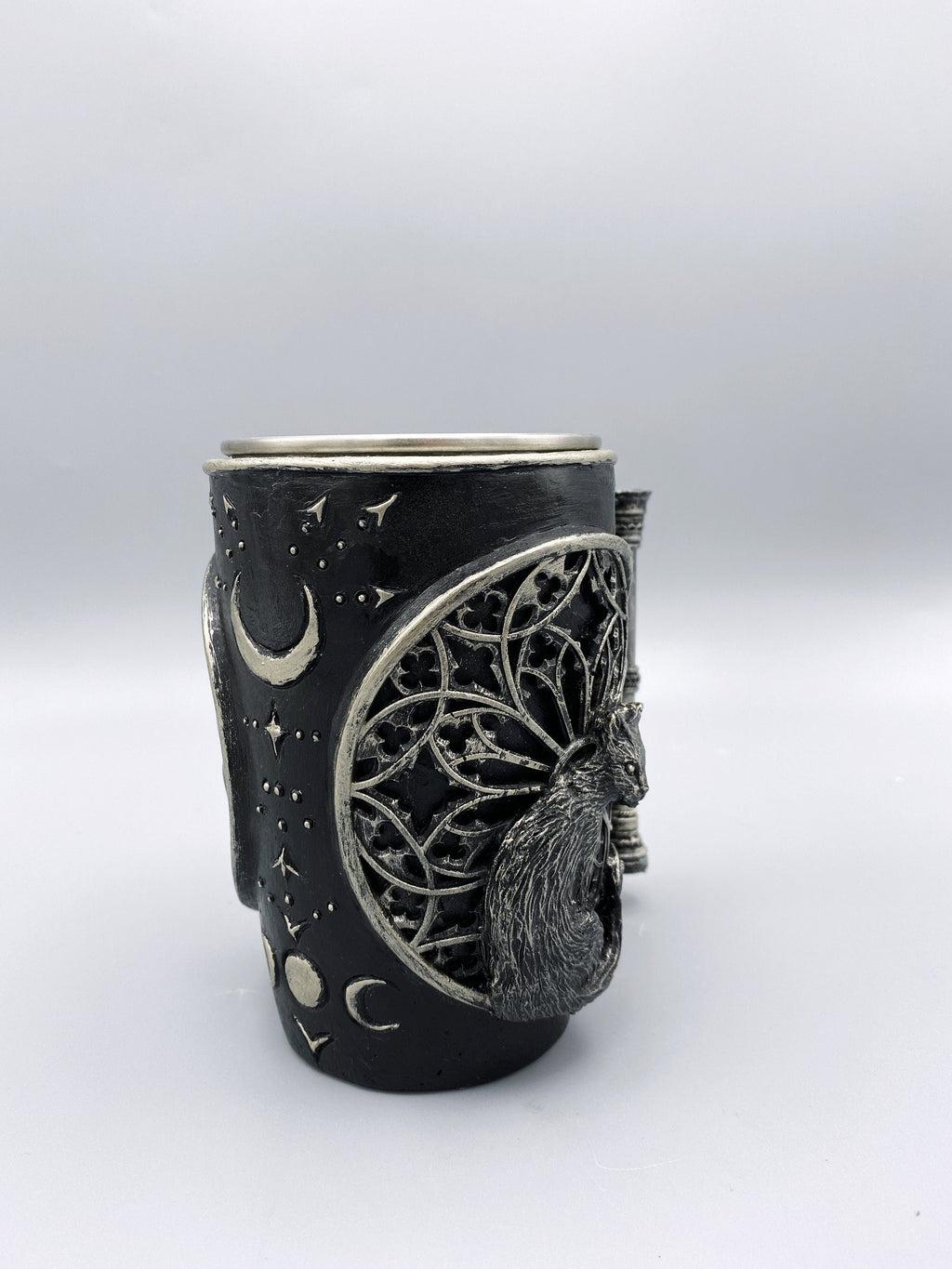 Cat and Gothic Cathedral Window Mug, Hand Sculpted Resin Gothic Art Mug with Stainless Steel Liner| Cat Mug, Halloween Gift and Gothic Decor