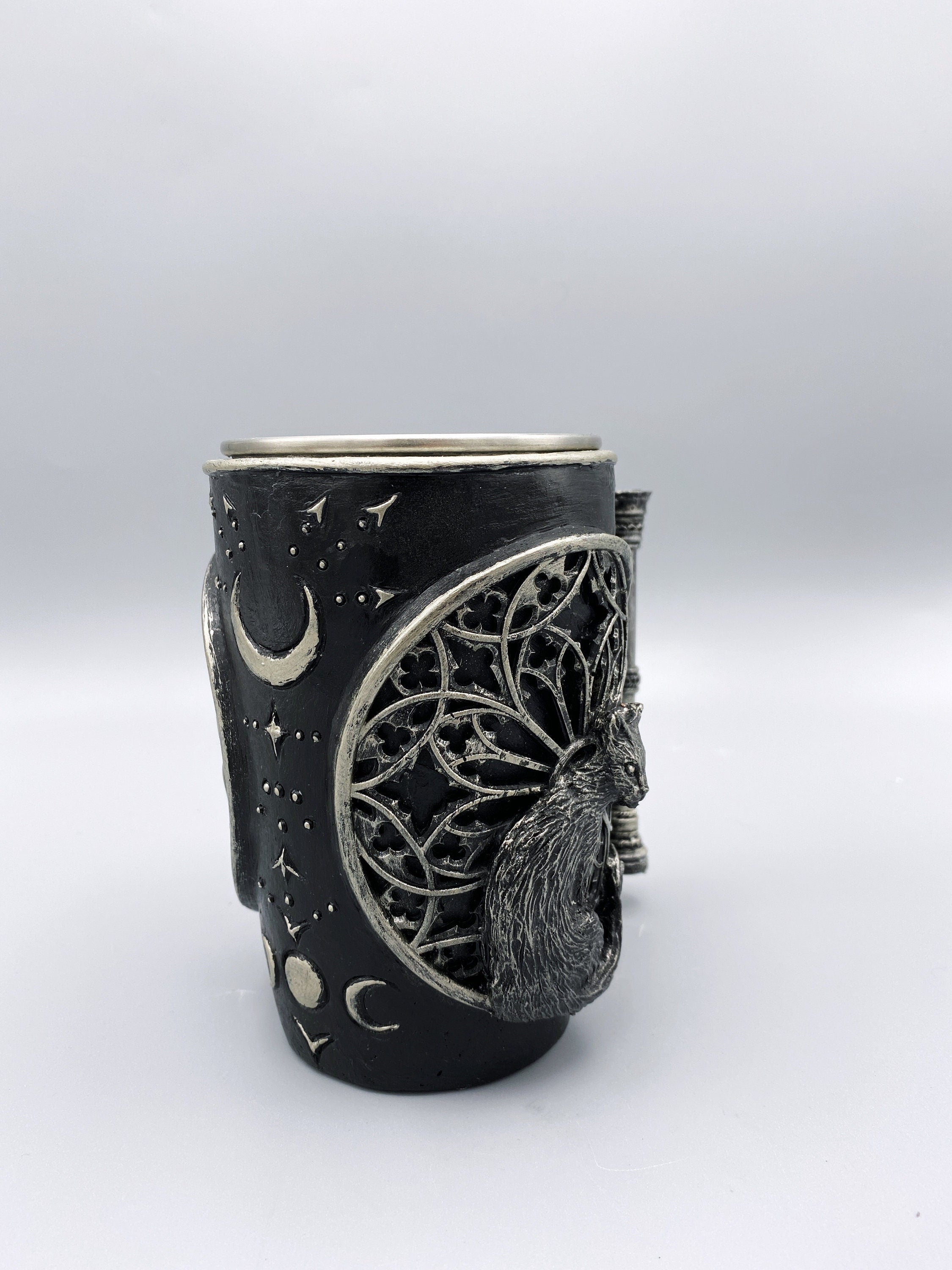 Cat and Gothic Cathedral Window Mug, Hand Sculpted Resin Gothic Art Mug with Stainless Steel Liner| Cat Mug, Halloween Gift and Gothic Decor