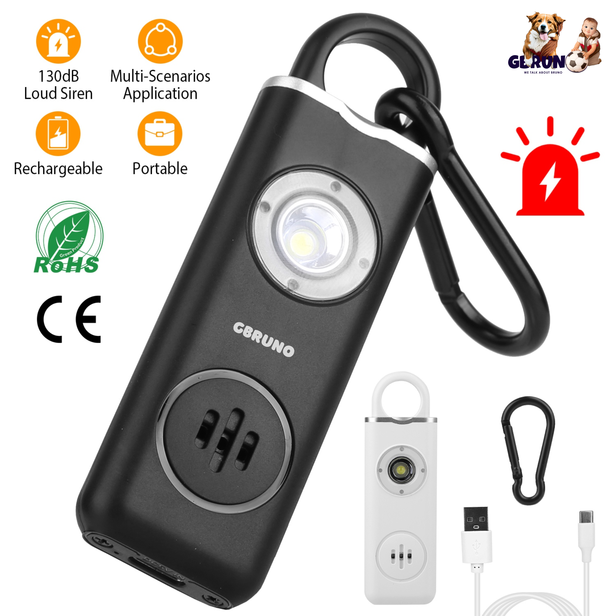 Rechargeable Personal Safety Alarm Portable 130dB Self-defense Siren with Strobe Light LED Light Carabiner Emergency Escape Tool for Women Kids Elderl