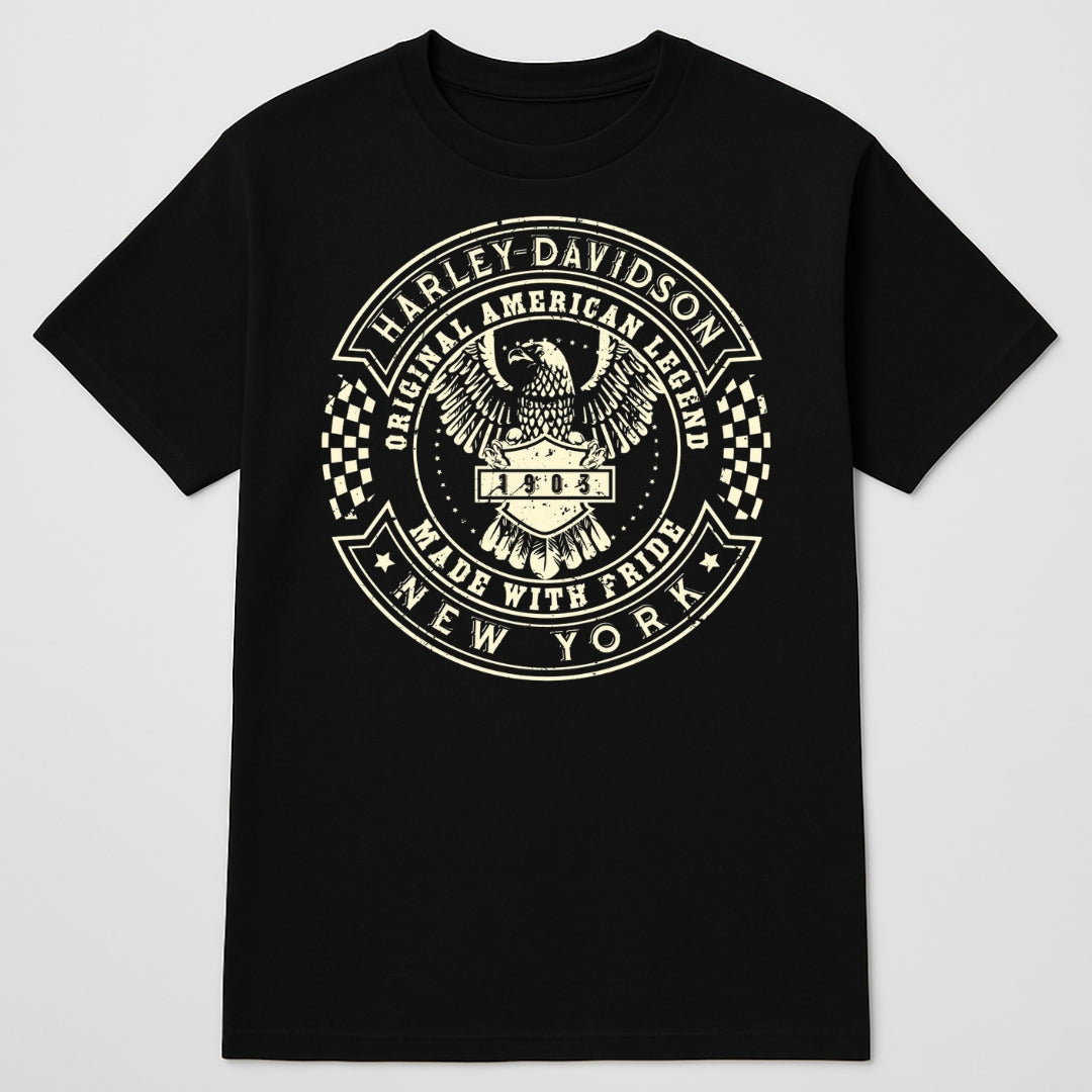 Black t-shirt with Harley-Davidson logo on a light gray background