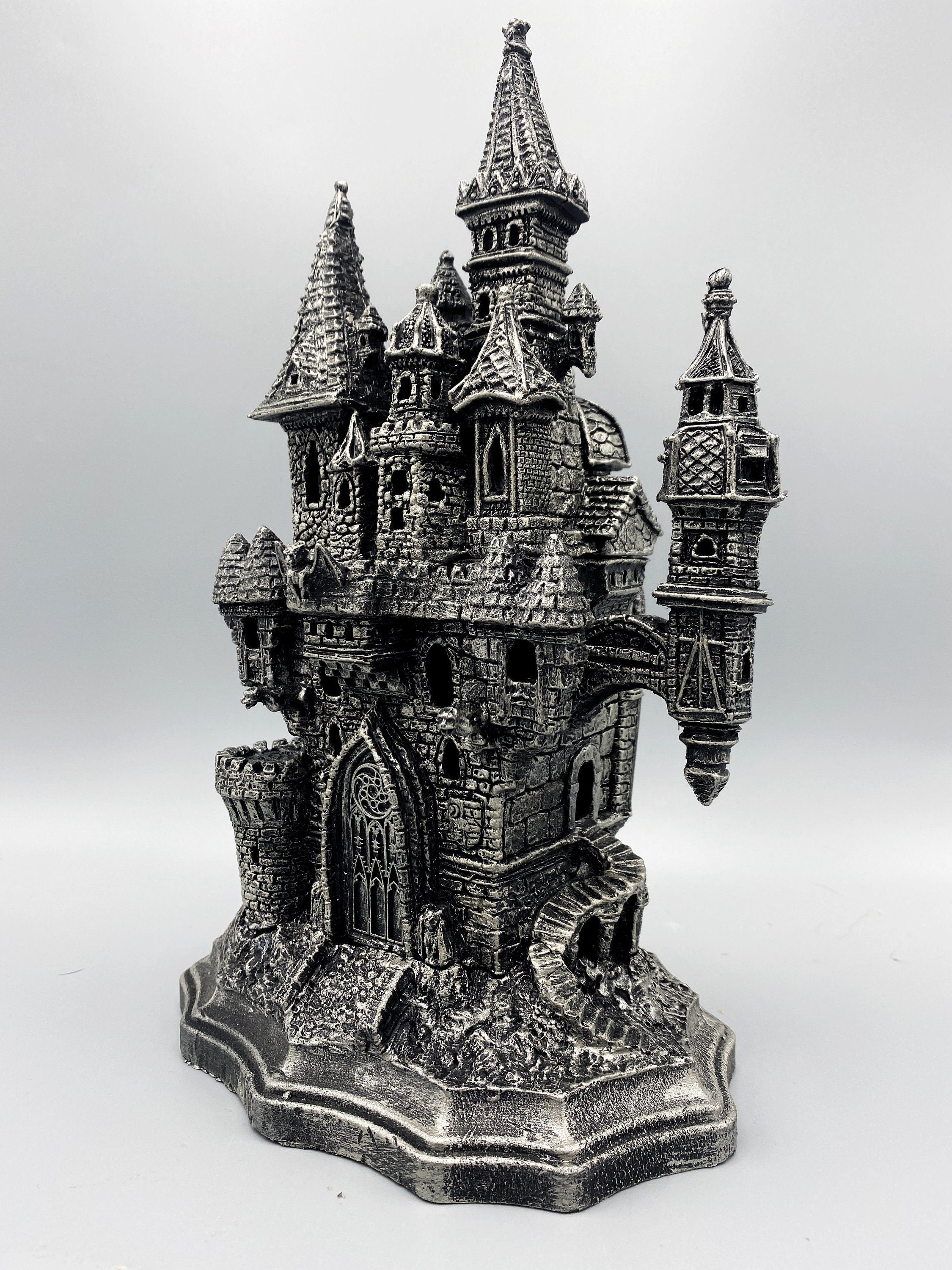 Castle Dracula, Gothic Hand Painted Resin Sculpture with LED Tea Light |Vampire Lair Gothic Statue |Gift for Gamers and Spooky Home Decor