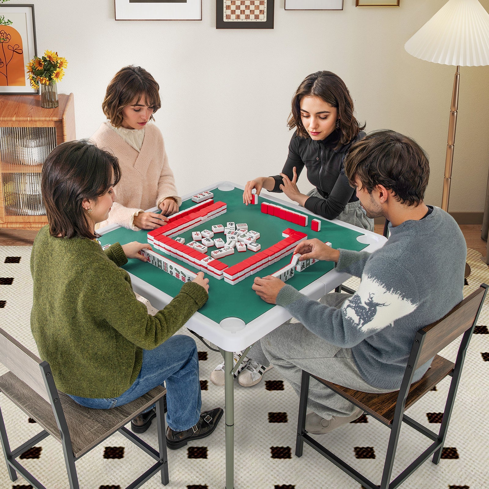 35 Inch 4 Player Game Card Folding Mahjong Table with Cup Holders-Green
