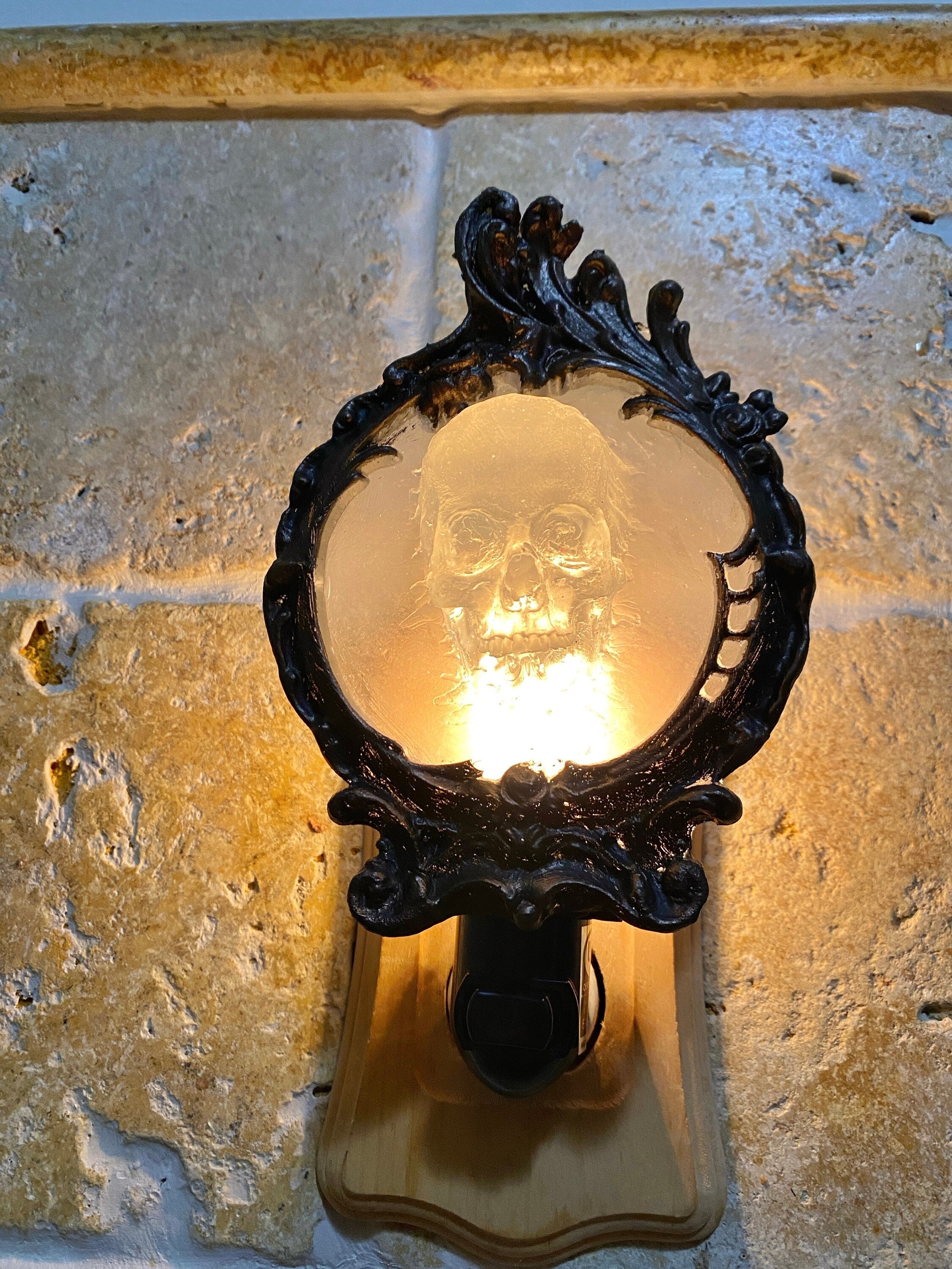 Spectral Skull Nightlight, Hand Painted Resin Sculpture | Victorian Gothic Night Light |  Ghost Skull Lighting for Gothic Fantasy Home Decor