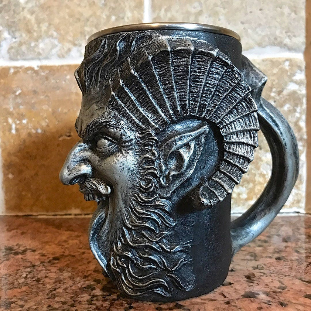 Krampus Mug, Pewter Finish | Hand Sculpted Resin Art Mug with Steel Liner | Unique Krampus Gift Cup and Gothic Home Decor