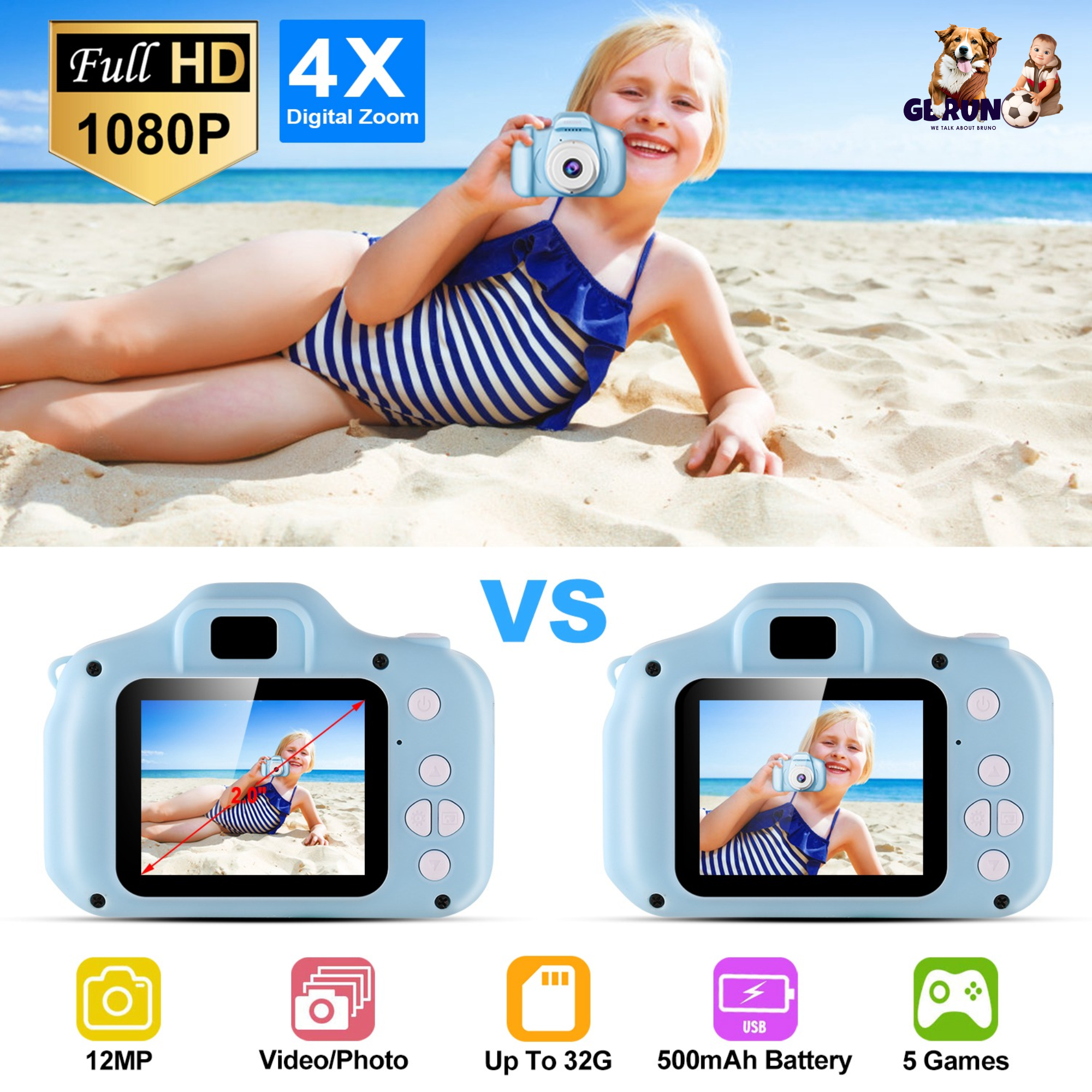 iMounTEK Kids Digital Camera w/ 2.0Ó Screen 12MP 1080P FHD Video Camera 4X Digital Zoom Games 32GB Card Supported Shockproof Child Camcorder for 3-10