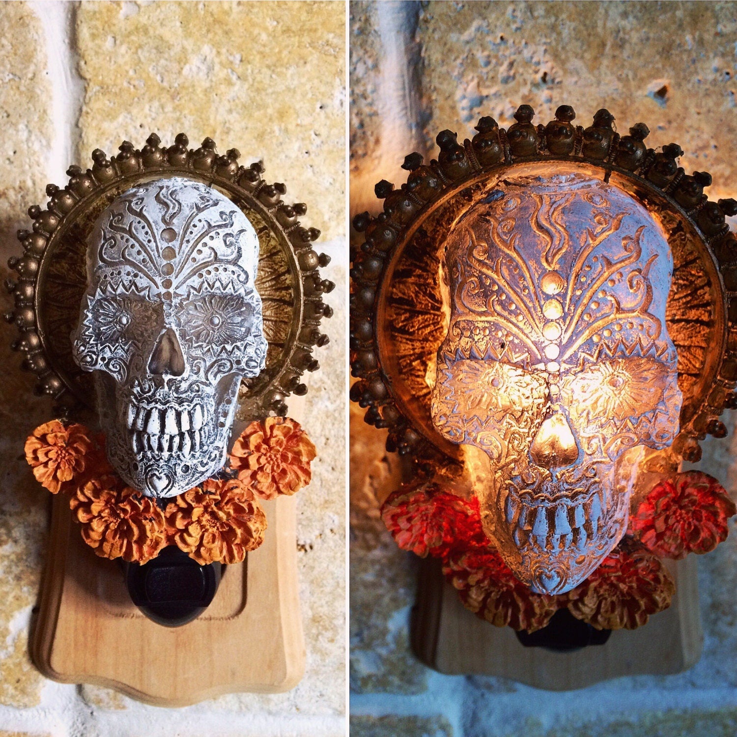 Dia de los Muertos Nightlight, Hand Painted Resin Sculpture | Gothic Night Light |  Day of the Dead Lighting for Gothic Fantasy Home Decor