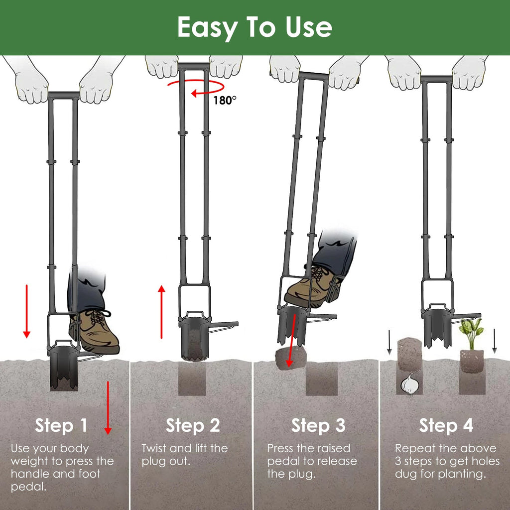 5 In 1 Bulb Planter Tool Long Handle Gardening Bulb Transplanter with Gloves Brush Serrated Base Dual Pedal Digging Holes to Plant Tulips Iris Daffodi