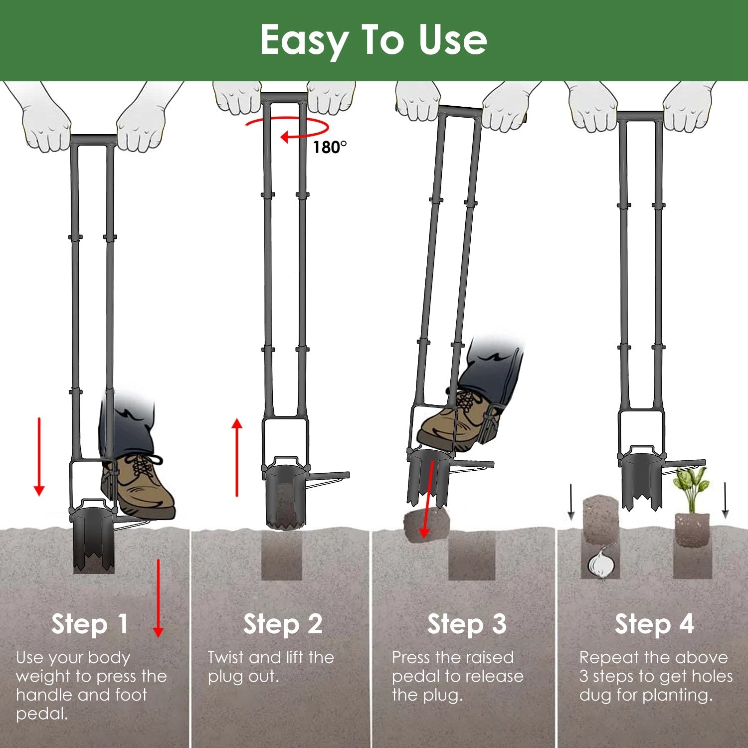 5 In 1 Bulb Planter Tool Long Handle Gardening Bulb Transplanter with Gloves Brush Serrated Base Dual Pedal Digging Holes to Plant Tulips Iris Daffodi