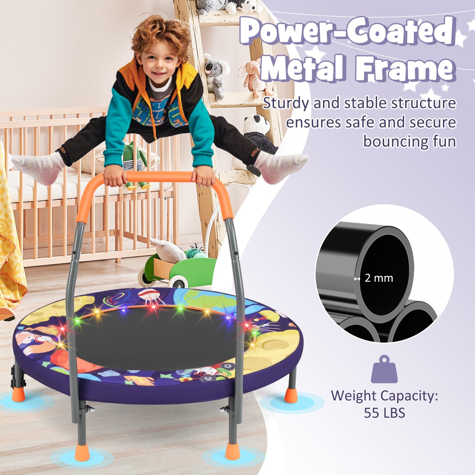 Mini Trampoline Folding Small Rebounder for Kids with Lights-Purple