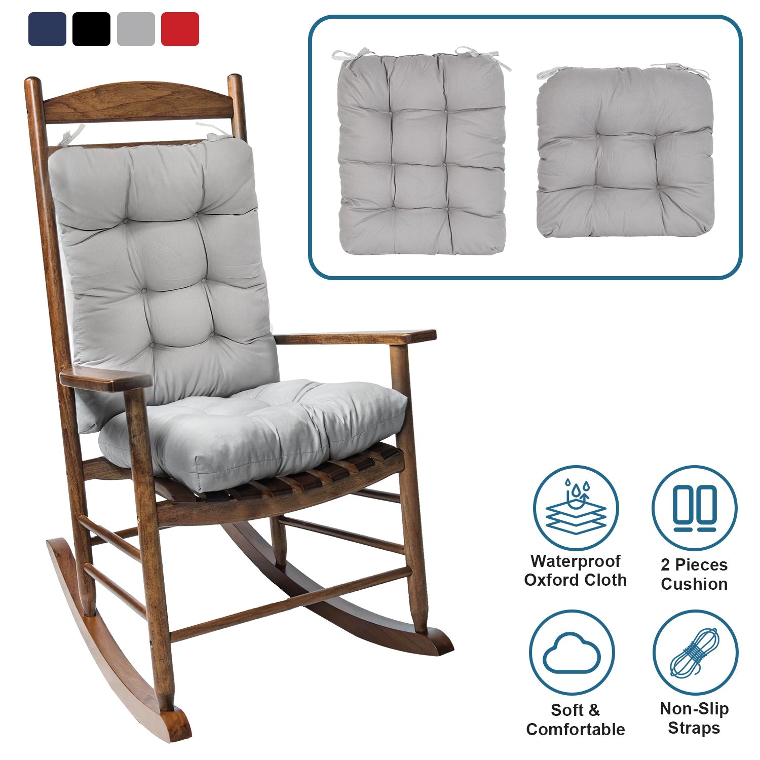 2Pcs Waterproof Rocking Chair Cushion Upper And Lower Back And Seat Sets with Non-Slip Ties Oxford Cloth Surface Polyester Filling Comfortable for Ind