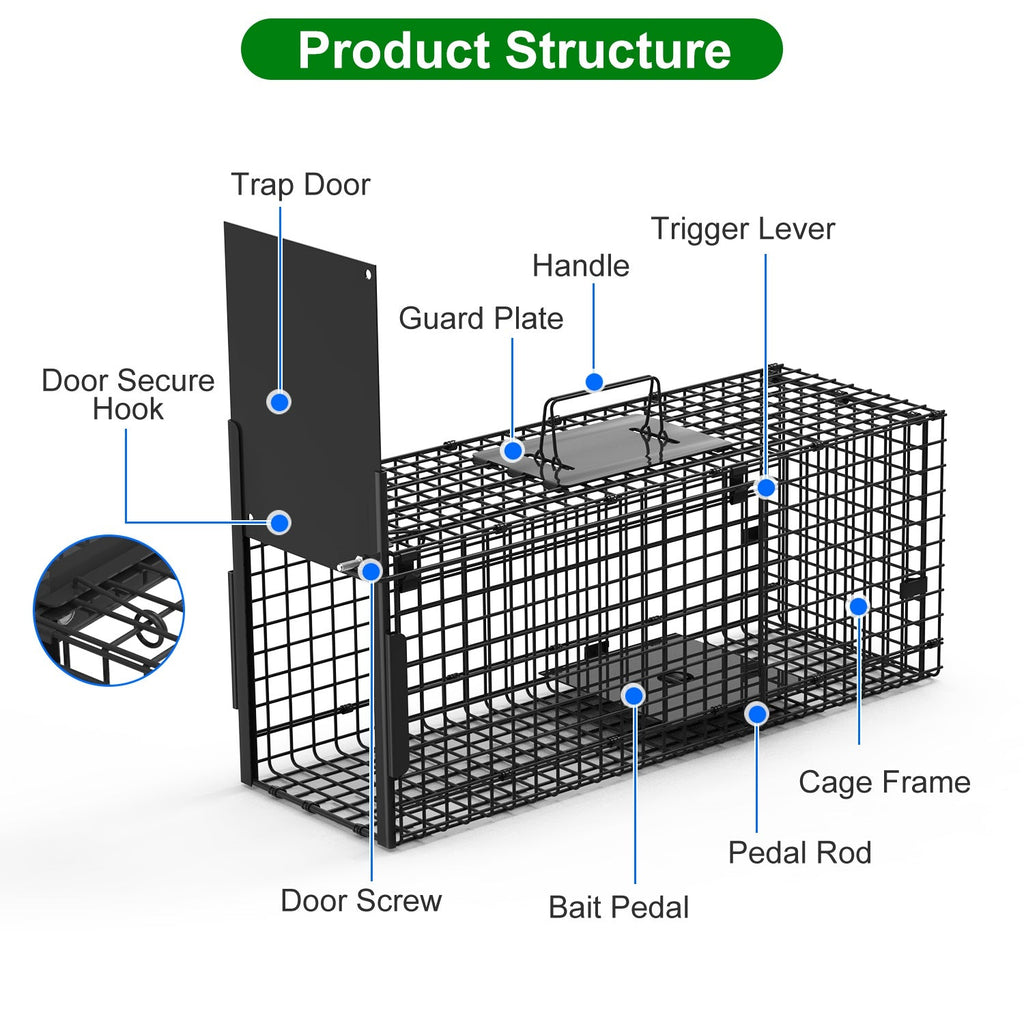 26in Single Door Live Animal Cage Trap For Animals Under 5LBS Easy To Setup Humane Galvanized Iron Trap Cage For Small Cats Rabbits Squirrels Moles Ch