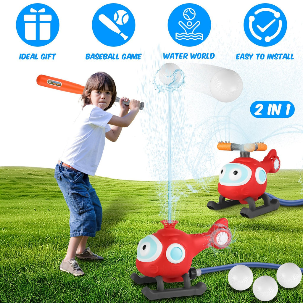 2 In 1 Water Sprinkler Baseball Helicopter Toy for Kids 360¡Rotating Water Tee Ball Set for Backyard Lawn Pool Party Outdoor Summer Game for 3+ Years