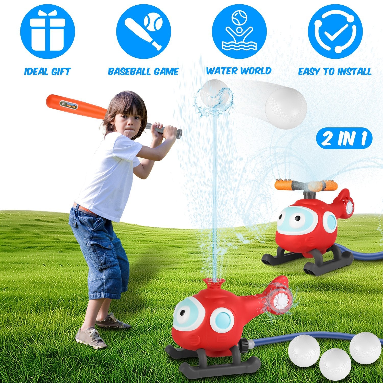 2 In 1 Water Sprinkler Baseball Helicopter Toy for Kids 360¡Rotating Water Tee Ball Set for Backyard Lawn Pool Party Outdoor Summer Game for 3+ Years