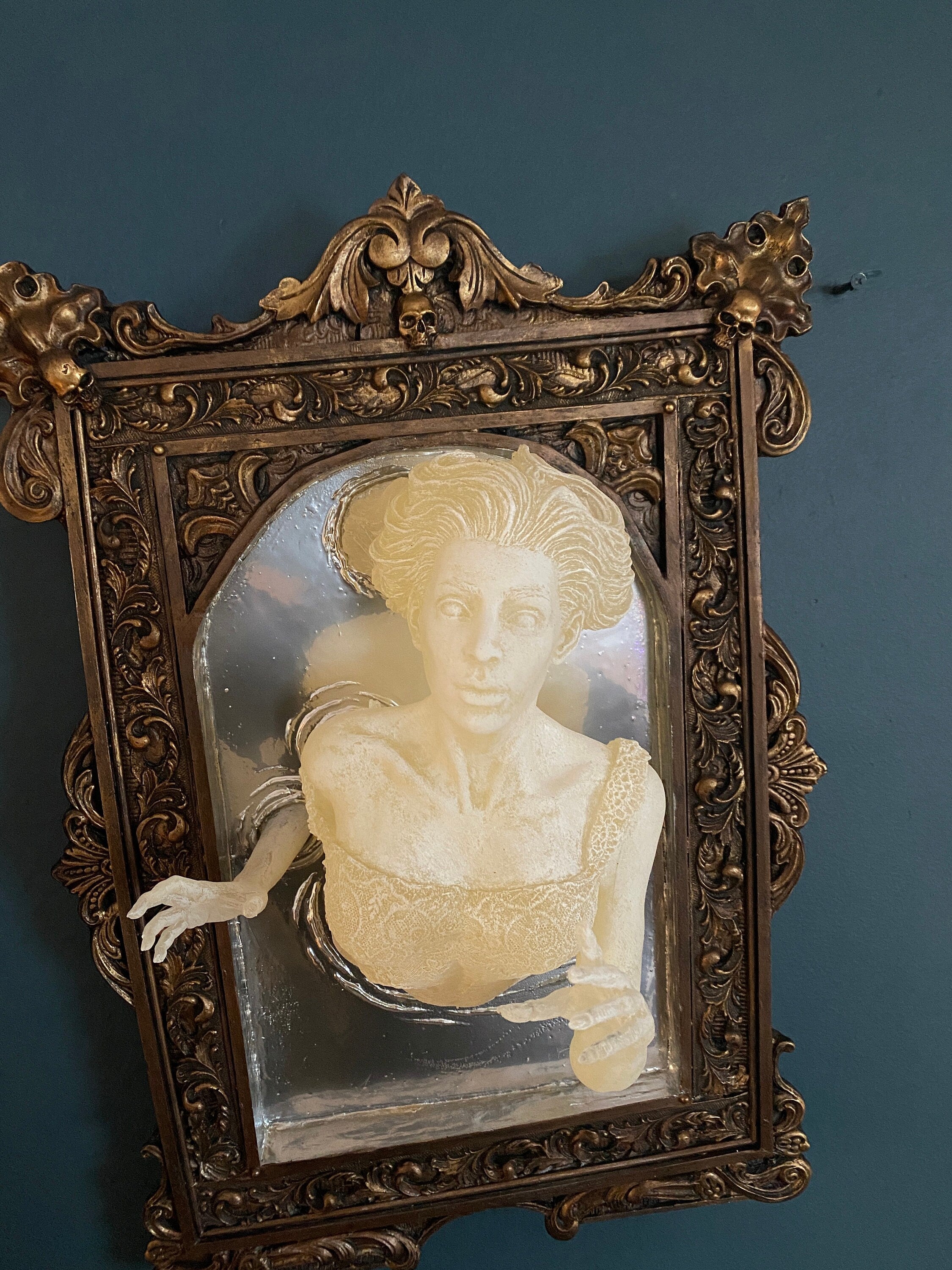 Ghost in the Mirror Wall Plaque, Glow in the Dark, XL Version | Victorian Gothic Haunted Wall Art | Gift for Halloween and Spooky Home Decor