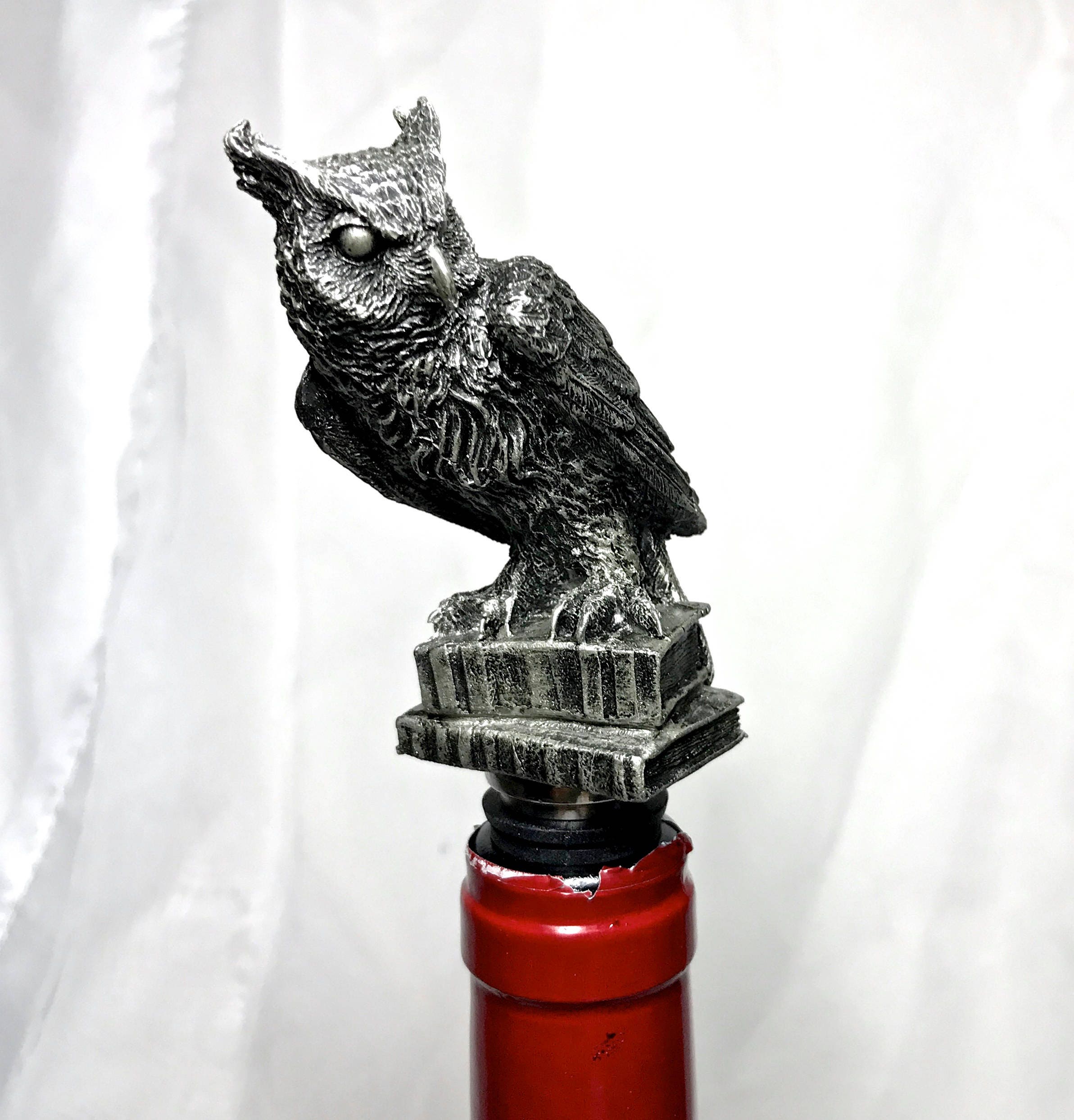 Horned Owl Winestopper, Hand Sculpted Resin | Gothic Art Barware | Owl with Books Bottle Stopper | FantasyGothic Witch Wine and Barware Gift