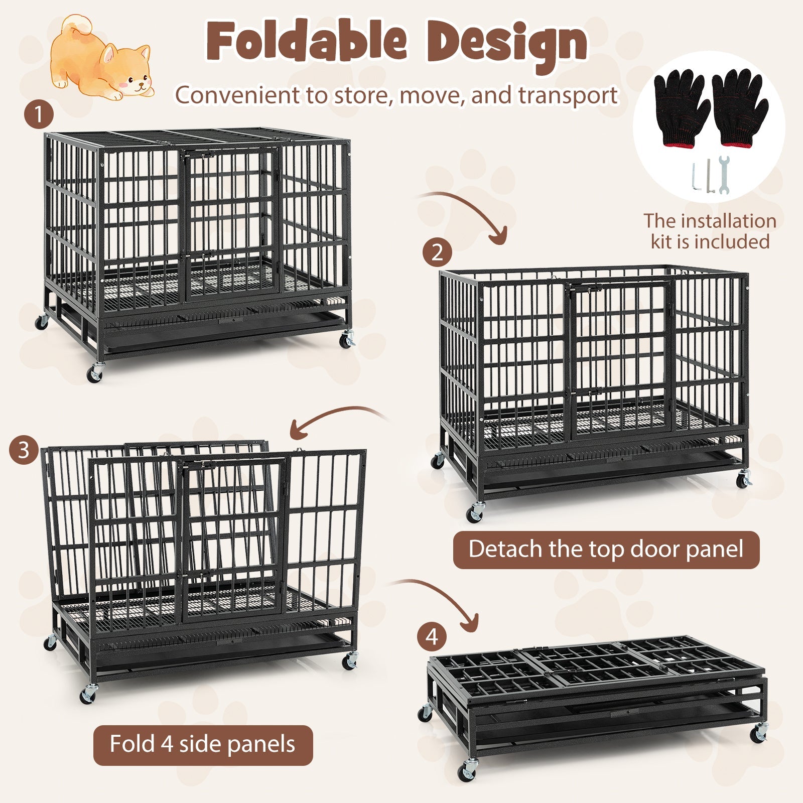 38 Inch Foldable Heavy-Duty Metal Dog Cage with Lockable Rolling Casters and Tray-38 inches