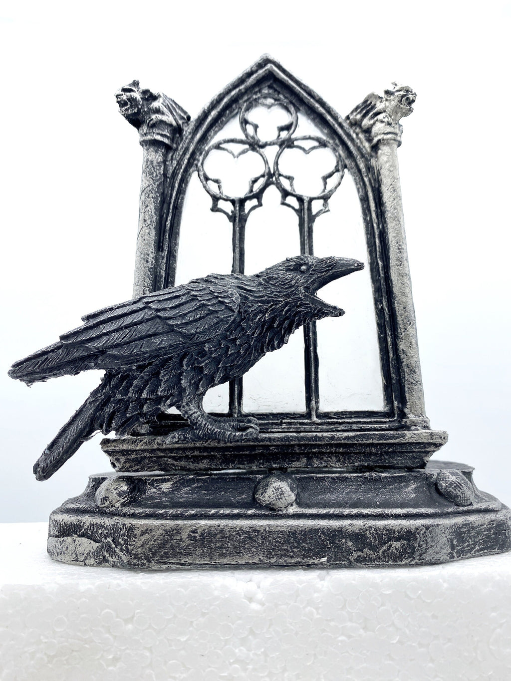 Raven and Window Tea Light, Hand Painted Resin Sculpture | Medieval Gothic Night Light | Poe’s Raven Lighting for Gothic Fantasy Home Decor