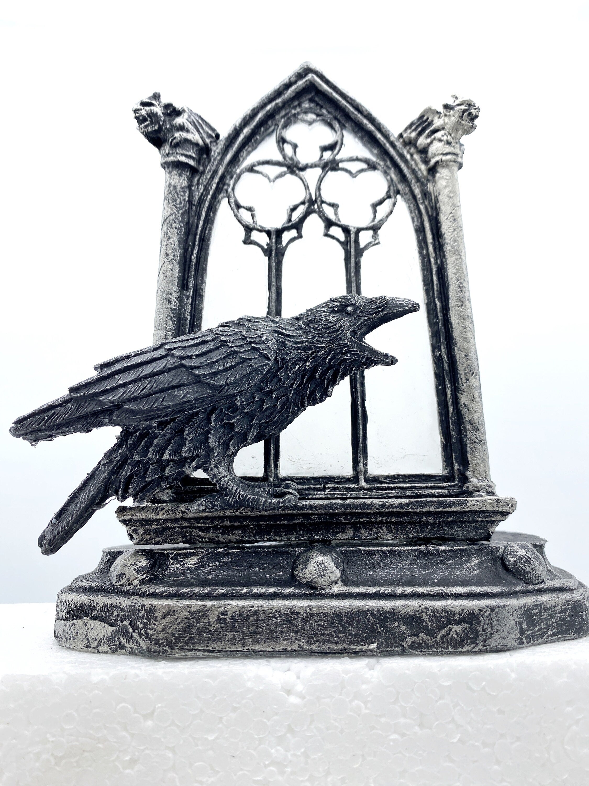 Raven and Window Tea Light, Hand Painted Resin Sculpture | Medieval Gothic Night Light | Poe’s Raven Lighting for Gothic Fantasy Home Decor