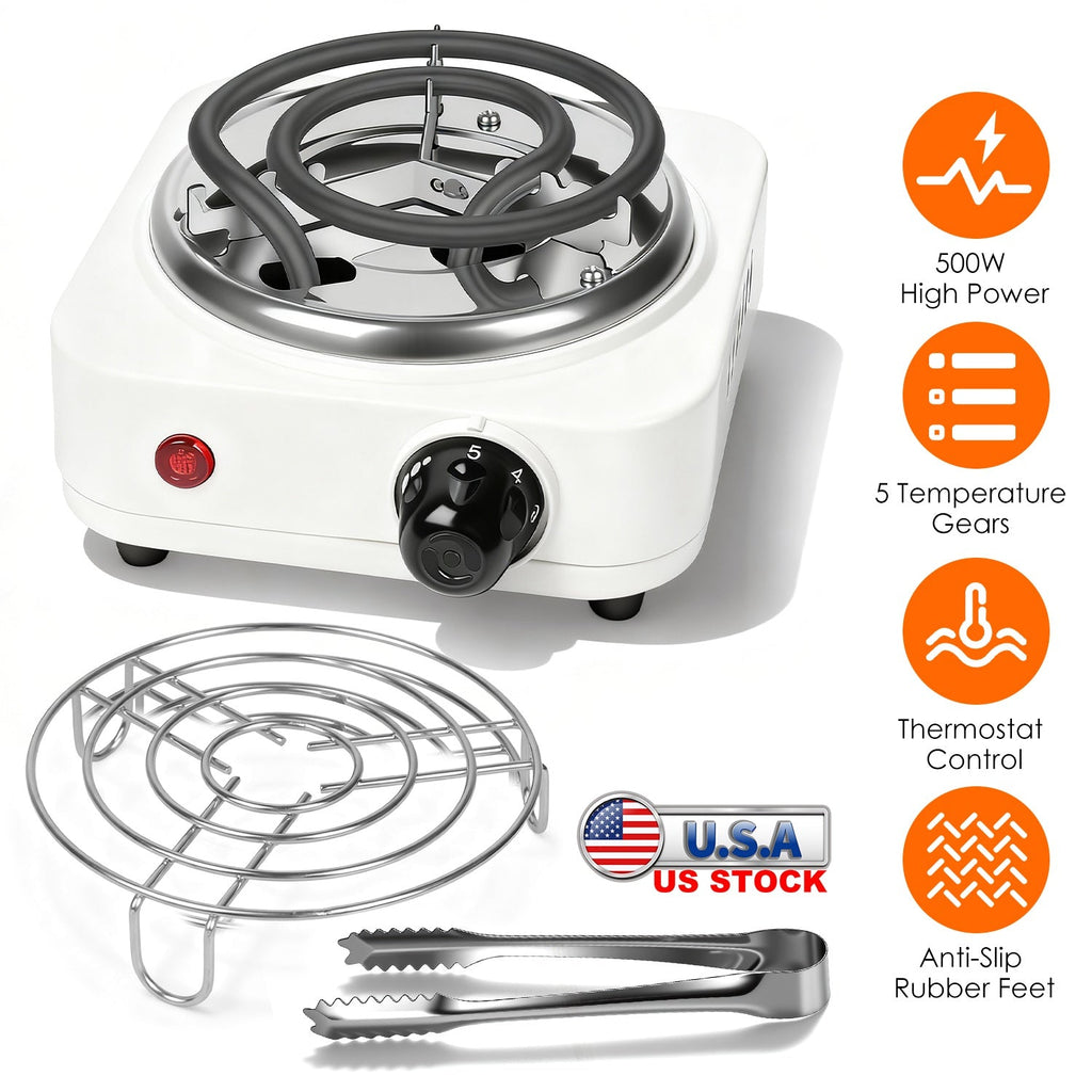 Electric Charcoal Burner 500W Hookah Charcoal Burner Compact Coal Burner for Hooka Cubes Shisha with Grill and Tongs 5 Temperature Gears 338℉-1022℉ Th