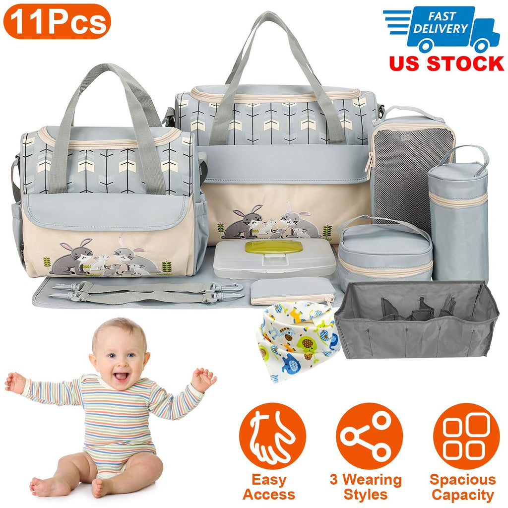 11PCS Baby Diaper Bag Set – Multifunctional with Bottle & Food Bags