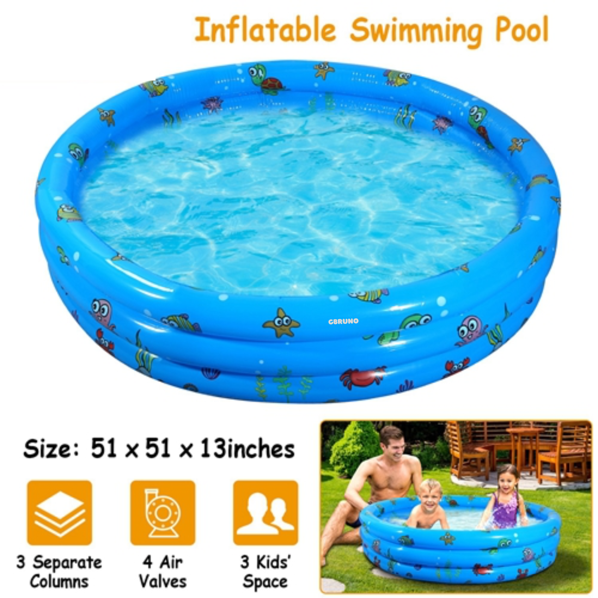 51x13Ó Inflatable Swimming Pool Blow Up Family Pool For 3 Kids Foldable Swim Ball Pool Center w/ 4 Valves Bottom Water Drain Plug For Indoor Backyard