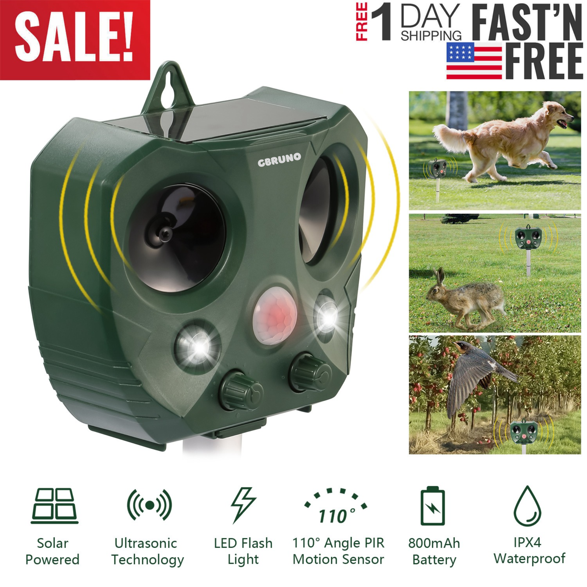 Ultrasonic Animal Repeller Solar Powered Repellent with Motion Sensor LED Flashing Lights IPX6 Waterproof Outdoor for Farm Garden Yard