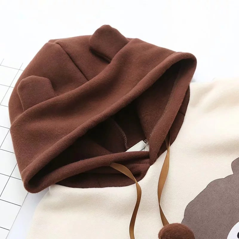 Woman Bear Cap Hoodies Sweatshirt Top Women Long Sleeve Ribbon Hair Ball Cute Sweatshirt Hooded Jumper Pullover Hoodie Hooded Sweatshirt