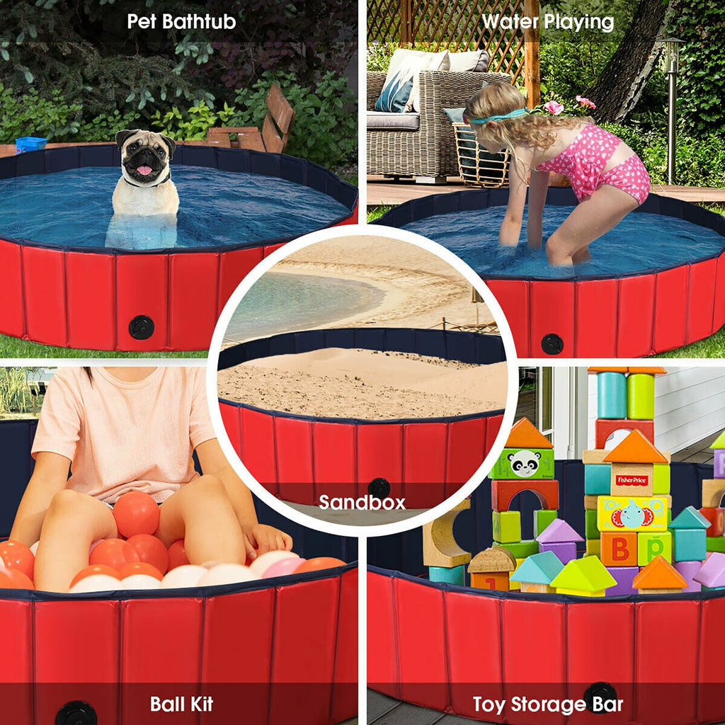 63 Inch Foldable Leakproof Dog Pet Pool Bathing Tub Kiddie Pool for Dogs Cats and Kids-Red